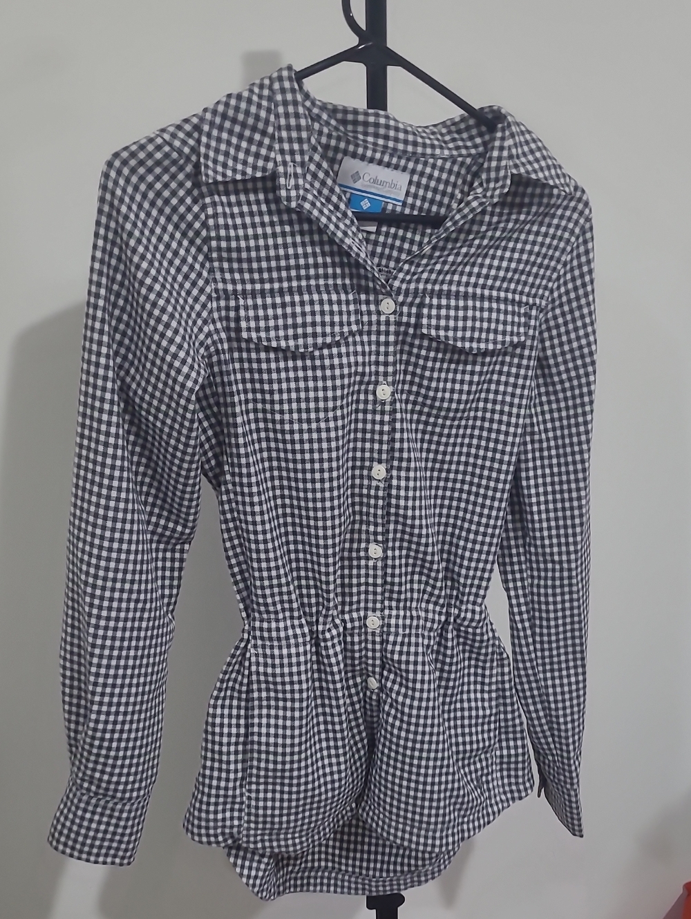 Columbia Black & White Gingham Button-Front Shirt Sweater Adjustable Waist XS